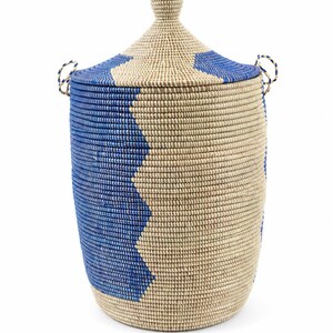 Large Handmade Senegalese Storage Basket with Lid – Blue & Natural Woven Laundry Hamper – African Basket – 34” Tall