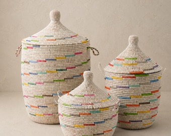 Set of 3 Woven Storage Baskets with Lids | Handmade Senegalese Baobab Hamper