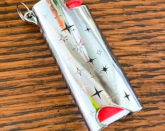 Star Lighter Case Keychain | Engraved Stars Metal Bic Mini Lighter Holder
