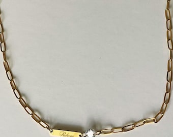 Personalized Engraved Gold Plated Paperclip Necklace | Crystal Accent Chain