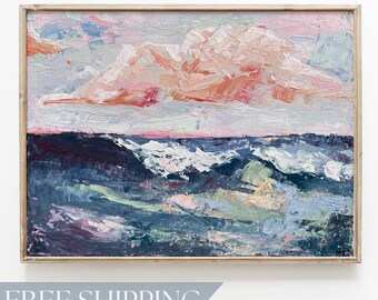 Väggkonst med havsmotiv, strandhusdekor, impressionistiskt havslandskapstryck, kustkonst, vardagsrumskonst, blårosa, nautisk våg, meditation, galleriväggdekor
