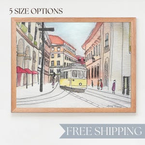 Lisbon Tram Watercolor of Portugal travel print travel horizontal wall art travel poster for dorm wall art for traveler art print