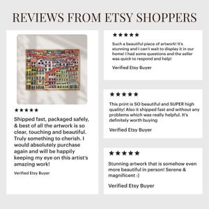 May include: Five-star reviews from Etsy shoppers for a colorful cityscape painting. The painting features a variety of buildings in shades of yellow, orange, red, and green. The reviews highlight the quality, speed of shipping, and customer service.