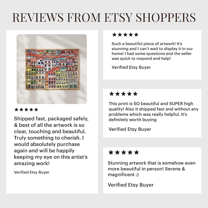 May include: Five-star reviews from Etsy shoppers for a colorful cityscape painting. The painting features a variety of buildings in shades of yellow, orange, red, and green. The reviews highlight the quality, speed of shipping, and customer service.