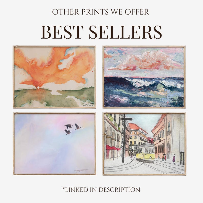 May include: A collage of four framed watercolor paintings. The top left painting shows a sunset with orange and pink clouds over a green landscape. The top right painting shows a blue ocean with white waves and a pink cloud in the sky. The bottom left painting shows a light blue sky with a flock of birds flying in formation. The bottom right painting shows a street scene with a yellow tram and buildings in the background.