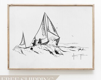 Impresión de navegación Velero Decoración de pared náutica Impresión de arte de cocina en blanco y negro Estilo de boceto Obra de arte Impresión de velero náutico en blanco y negro