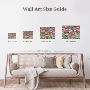 May include: A guide to wall art sizes with four different sizes of colorful building illustrations. The sizes are 8x10 inches, 11x14 inches, 16x20 inches, and 18x24 inches. The guide shows the art sizes above a light brown sofa with white cushions.