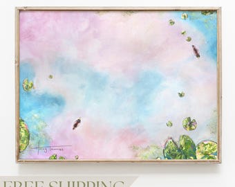 Lily pad art blue and green nature print watercolor painting birds water lily drawing for kids room wall art print duck art baby room decor