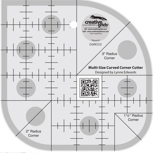May include: A multi-size curved corner cutter quilting ruler with a grid pattern and circles for different radius corners. The ruler is designed by Lynne Edwards and includes the text "Creative Grids" and a QR code.