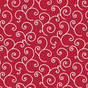 May include: A seamless pattern featuring a deep red background with a repeating design of white, swirling, vine-like elements. The pattern is dense and covers the entire surface, creating a visually dynamic texture.