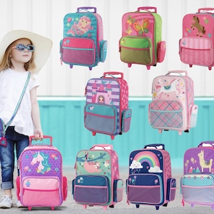 May include: A set of ten colorful rolling suitcases with various cartoon animal and fairy tale designs. The suitcases have pink, blue, green, purple, and yellow accents.