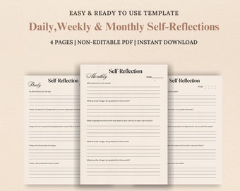 Kit de journal d'autoréflexion | Feuilles de calcul quotidiennes, hebdomadaires, mensuelles | Autoréflexions, tenir un journal pour l'autoréflexion| Objectifs de croissance personnelle