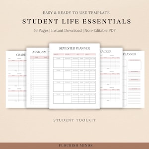 May include: A printable student planner with sections for grades, assignments, semester planner, tracker, and planner. The planner has a pink and white color scheme and the text "Student Life Essentials" is at the top of the page.