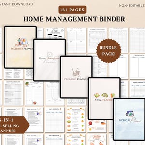 May include: A digital home management binder with 161 pages, including declutter, cleaning, and meal planners. The image shows several digital planners with text such as "Home Management Planner" and "Meal Planner". The bundle pack is a 5-in-1 best-selling planner.