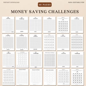 May include: A printable PDF booklet with 46 pages of money saving challenges. The pages feature different saving challenges with grids and images of money jars, piggy banks, and money bags. The booklet is designed to help people save money.