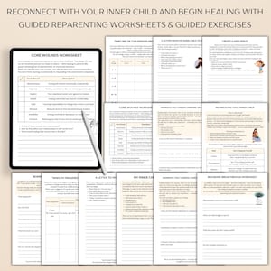 May include: A set of printable worksheets for guided re-parenting exercises. The worksheets include prompts for journaling, reflection, and creating a safe space. The worksheets are titled "Core Wounds Worksheet", "Timeline of Childhood Memories", "A Letter From My Inner Child to Me", "Create a Safe Space", "Moments I Felt Unseen, Unheard, or Disregarded", "Re-Parenting Your Inner Child", "When I'm Triggered", "A Letter to My Inner Child", "My Inner Child Healing", "Moments I Felt Unseen, Unheard, or Disregarded", and "Boundary Breakthrough Worksheet".