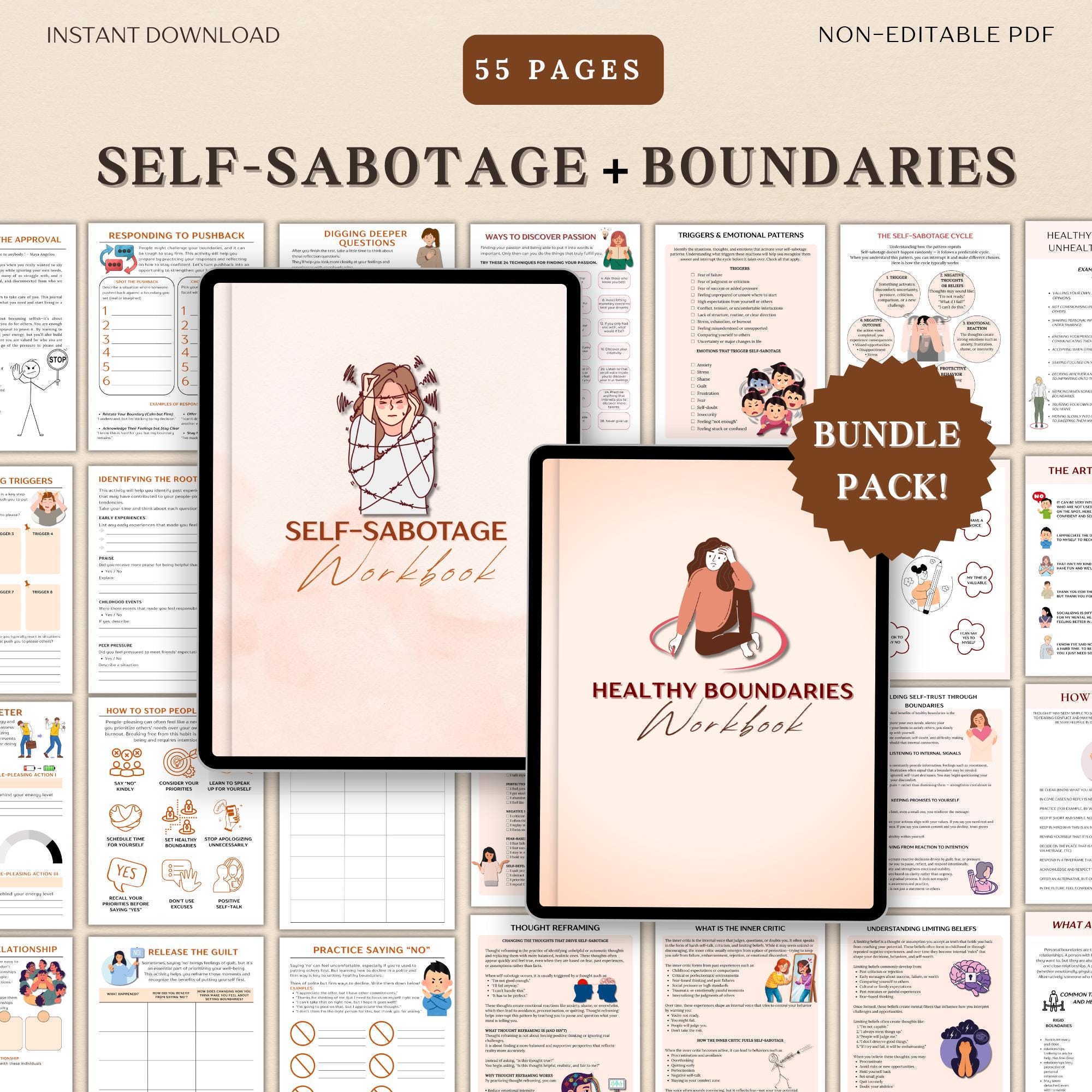 Self Sabotage & Setting Healthy Boundaries Workbook BUNDLE, Therapy ...