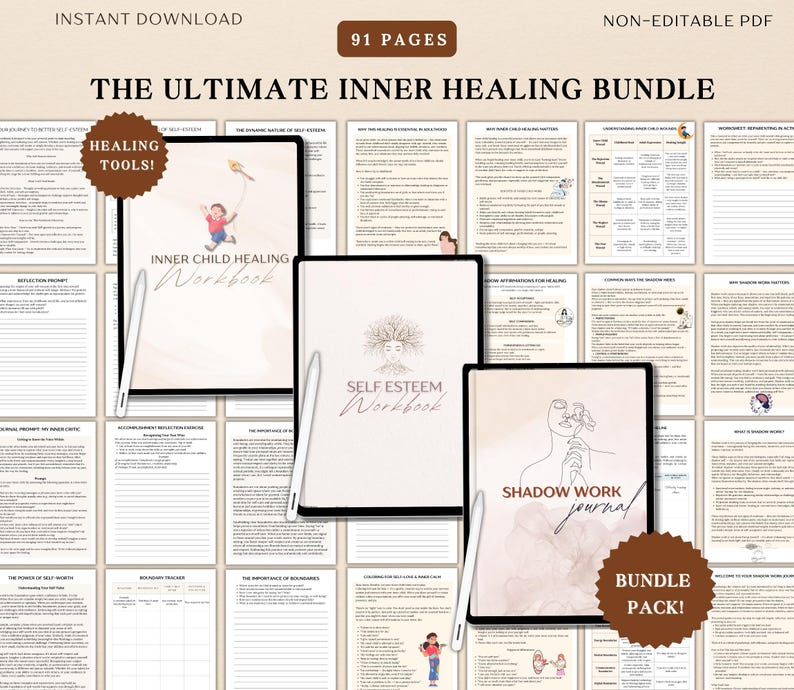 May include: The Ultimate Inner Healing Bundle, a non-editable PDF with 91 pages. The bundle includes workbooks and a journal for self-esteem, inner child healing, and shadow work. The cover designs feature line art and illustrations. Includes the text "Instant Download".