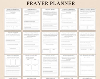 May include: A printable prayer planner with 21 pages. The planner includes sections for gratitude prayers, letting go and finding peace, strength and resilience prayers, journaling for inner peace, sending love and blessings, prayers for loved ones, prayers for the world, acts of kindness reflection, evening gratitude, daily gratitude, weekly gratitude, my prayer list, and favorite verses.
