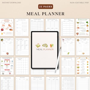 May include: A printable meal planner with 22 pages. The pages include sections for daily meal plans, calorie tracking, grocery shopping lists, healthy meals, recipe cards, meal ideas, food restrictions, product inventory, vitamin and supplement tracking, and a food journal. The pages are decorated with watercolor illustrations of food.