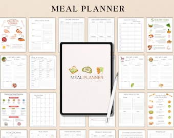 Printable Meal Planner, Weekly and Daily Meal Planner, Kitchen Inventory, Grocery List, Meal Tracker, Food Journal, Menu Plan & Prep PDF