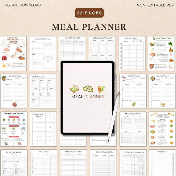 Printable Meal Planner, Weekly and Daily Meal Planner, Kitchen Inventory, Grocery List, Meal Tracker, Food Journal, Menu Plan & Prep PDF