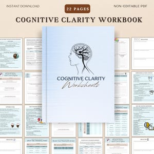 May include: A workbook titled "Cognitive Clarity Workbook" with the text "Instant Download" and "22 Pages." The cover features a line drawing of a head with a brain design and the words "Cognitive Clarity Worksheets." The workbook is a non-editable PDF.