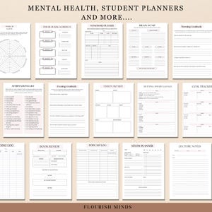 May include: A printable planner with pages for mental health, student planning, goal tracking, and more. The pages are black and white with a pink floral design.