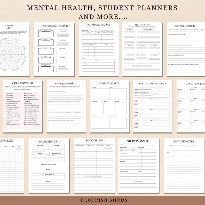 May include: A printable planner with pages for mental health, student planning, goal tracking, and more. The pages are black and white with a pink floral design.