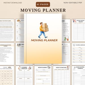 Pode incluir: Um planejador de mudança digital com 41 páginas, apresentando uma ilustração de capa de uma pessoa carregando caixas. O planejador inclui seções para desapego, planejamento de cômodos e rastreamento de despesas. O texto na capa diz "MOVING PLANNER".