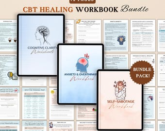 May include: A digital CBT healing workbook bundle with three workbooks displayed on tablets. The workbooks are titled "Cognitive Clarity Worksheets", "Anxiety & Overthinking Workbook", and "Self-Sabotage Workbook". The bundle includes 75 pages and is a non-editable PDF.