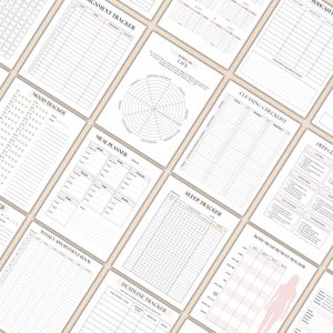 Puede incluir: Una colecci&oacute;n de p&aacute;ginas de planificador imprimibles con varios dise&ntilde;os, incluyendo un rastreador de estado de &aacute;nimo, planificador de comidas y lista de verificaci&oacute;n de limpieza. Las p&aacute;ginas son blancas con acentos y t&iacute;tulos rosas.