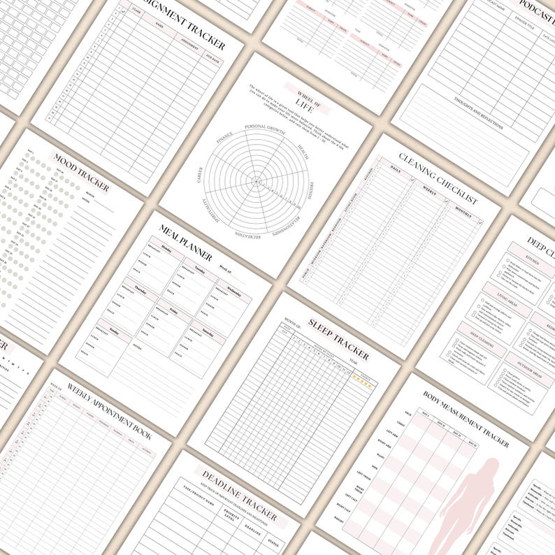 Puede incluir: Una colecci&oacute;n de p&aacute;ginas de planificador imprimibles con varios dise&ntilde;os, incluyendo un rastreador de estado de &aacute;nimo, planificador de comidas y lista de verificaci&oacute;n de limpieza. Las p&aacute;ginas son blancas con acentos y t&iacute;tulos rosas.