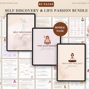 May include: A digital bundle of self-discovery and life passion journals. The image shows three digital journals with illustrations and text, including "Self-Discovery Journal", "Find Your Passion Workbook", and "Discover True Self Journal". The bundle includes 90 pages and is a non-editable PDF.