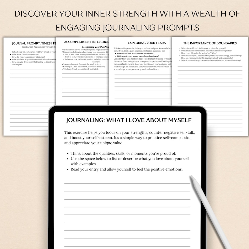 May include: A digital tablet with a white background and a black stylus pen. The screen displays a journaling prompt titled "Journaling: What I Love About Myself". The prompt encourages self-reflection and self-compassion by focusing on strengths and positive qualities.