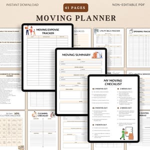 May include: A digital moving planner with 41 pages, including expense trackers, checklists, and a moving summary. The planner is a non-editable PDF and available for instant download. The cover features the title "MOVING PLANNER".