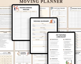 May include: A digital moving planner with 41 pages, including expense trackers, checklists, and a moving summary. The planner is a non-editable PDF and available for instant download. The cover features the title "MOVING PLANNER".