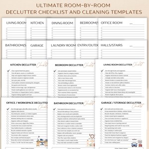 Puede incluir: Un modelo imprimible de lista de verificaci&oacute;n y plantillas de limpieza habitaci&oacute;n por habitaci&oacute;n. La lista de verificaci&oacute;n incluye sala de estar, cocina, comedor, dormitorio, oficina, ba&ntilde;o, garaje, lavander&iacute;a, entrada/exterior y pasillos/escaleras.