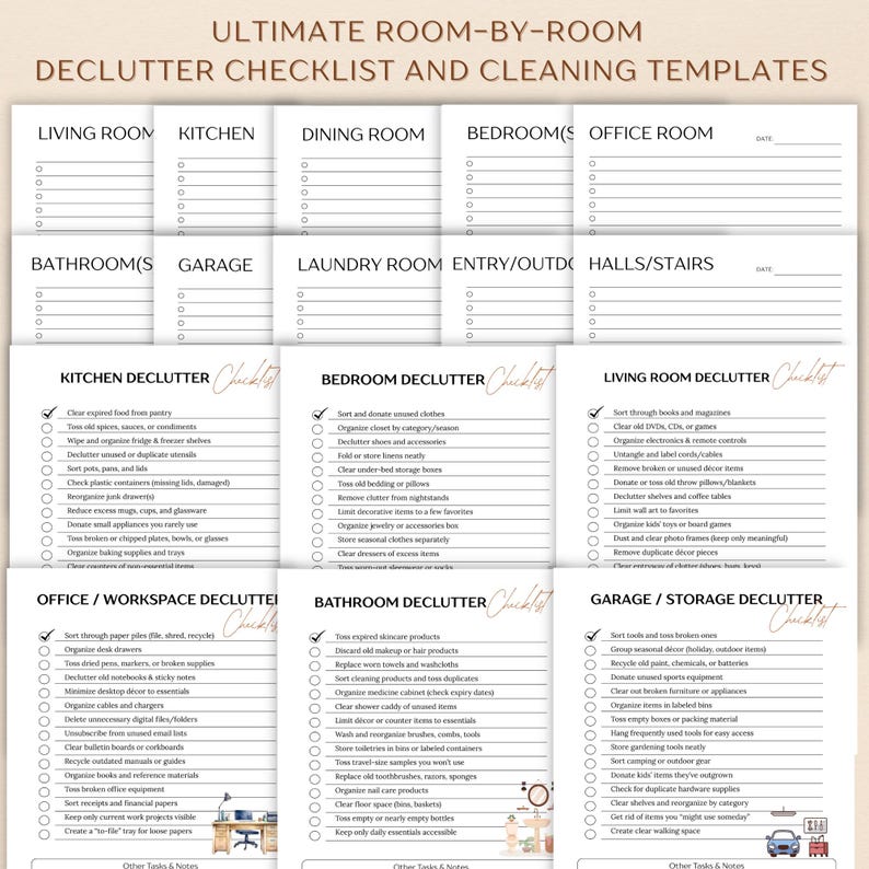 Puede incluir: Un modelo imprimible de lista de verificaci&oacute;n y plantillas de limpieza habitaci&oacute;n por habitaci&oacute;n. La lista de verificaci&oacute;n incluye sala de estar, cocina, comedor, dormitorio, oficina, ba&ntilde;o, garaje, lavander&iacute;a, entrada/exterior y pasillos/escaleras.