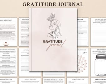 Puede incluir: Un diario de gratitud digital con un diseño minimalista. La portada presenta un dibujo lineal de una mujer con una mariposa y las palabras "Gratitude Journal". El diario incluye 15 páginas y está disponible para descarga instantánea.
