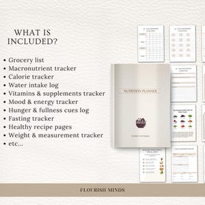 May include: A beige nutrition planner with the title "Nutrition Planner" and the text "Eat better. Feel stronger." The planner includes pages for a grocery list, calorie tracker, and weight tracker. The words "What is included?" are at the top.
