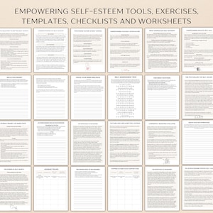 May include: A printable workbook with black and white text on a cream background. The workbook is titled "Empowering Self-Esteem Tools, Exercises, Templates, Checklists and Worksheets". The workbook includes worksheets for self-reflection, journaling, and tracking inner dialogue.