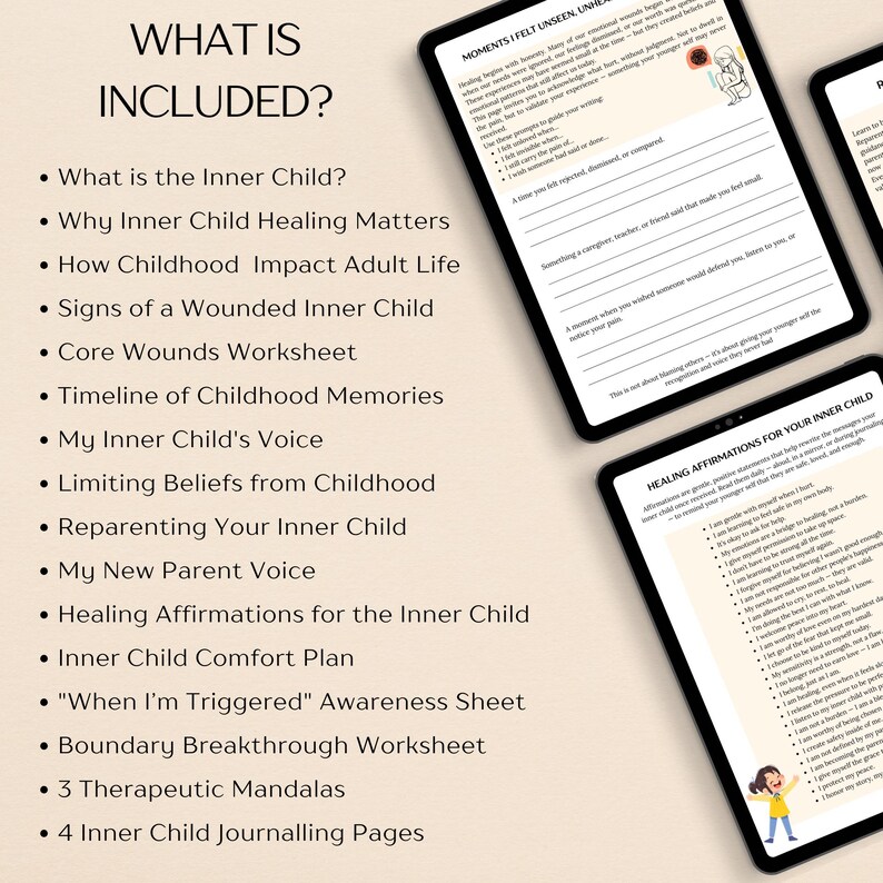 May include: A printable guide to inner child healing with a list of topics including "What is the Inner Child?" and "Healing Affirmations for the Inner Child".