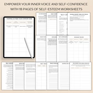 May include: A set of printable worksheets designed to help build self-esteem and confidence. The worksheets include prompts for self-reflection, goal setting, and self-compassion. The worksheets are black and white with a minimalist design.