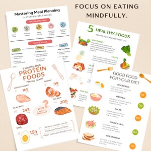 May include: A colorful infographic with the title "Mastering Meal Planning" and "5 Healthy High Protein Foods" with illustrations of chicken breast, lean beef, egg, shrimp, and salmon. The infographic also includes a section titled "Good Food for Your Diet" with illustrations of a boiled egg, oatmeal, salad, chicken meal, and wheat bread.