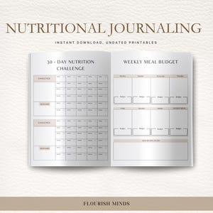 May include: An open journal with the text "NUTRITIONAL JOURNALING" and "30-DAY NUTRITION CHALLENGE" visible. The journal includes sections for tracking nutrition and a weekly meal budget. The words "INSTANT DOWNLOAD, UNDATED PRINTABLES" are also visible.