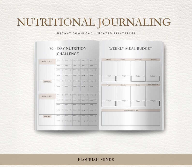 May include: An open journal with the text "NUTRITIONAL JOURNALING" and "30-DAY NUTRITION CHALLENGE" visible. The journal includes sections for tracking nutrition and a weekly meal budget. The words "INSTANT DOWNLOAD, UNDATED PRINTABLES" are also visible.