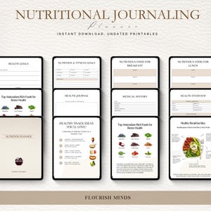 May include: A digital nutritional journaling planner with various pages for health goals, nutrition, and meal planning. Includes sections for breakfast, lunch, and snack ideas. The planner is an instant download with undated printables. The text on the image says "Nutritional Journaling Planner".