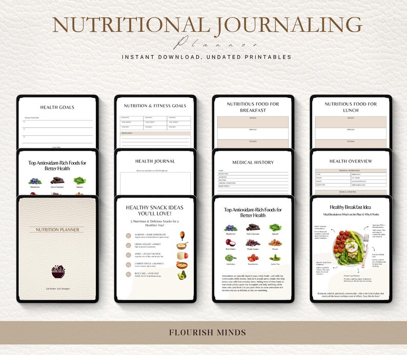 May include: A digital nutritional journaling planner with various pages for health goals, nutrition, and meal planning. Includes sections for breakfast, lunch, and snack ideas. The planner is an instant download with undated printables. The text on the image says "Nutritional Journaling Planner".