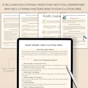 Puede incluir: Una tableta digital muestra p&aacute;ginas educativas sobre la organizaci&oacute;n, con el texto "Shop Smart, Stay Clutter-Free". Las p&aacute;ginas ofrecen pautas para compras conscientes y para mantener un hogar organizado. La imagen incluye texto sobre la organizaci&oacute;n.